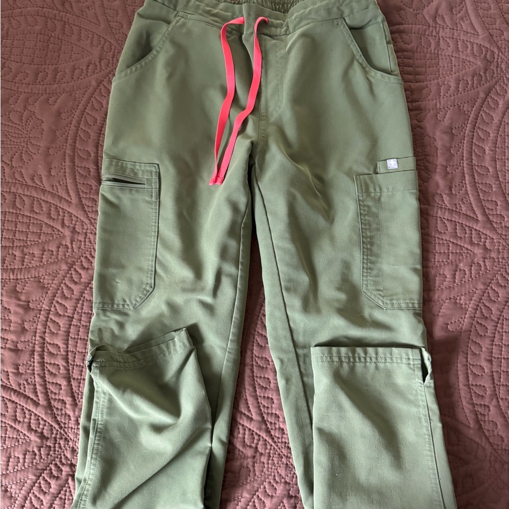 Figs Olive Green Cargo Scrub Pants with Pink Drawstring